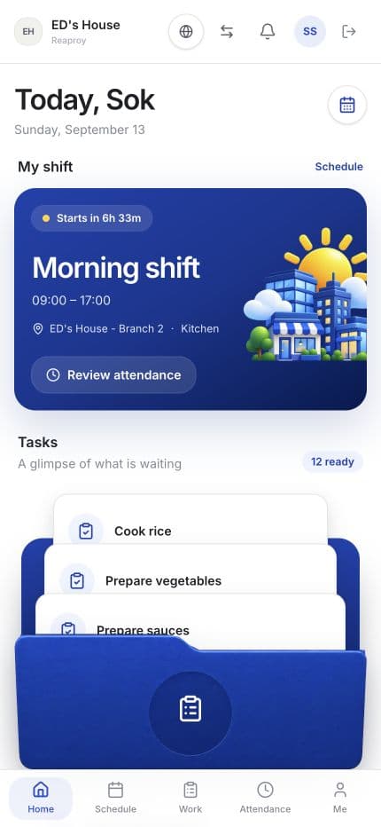 Reaproy worker app showing a seeded shift and assigned tasks